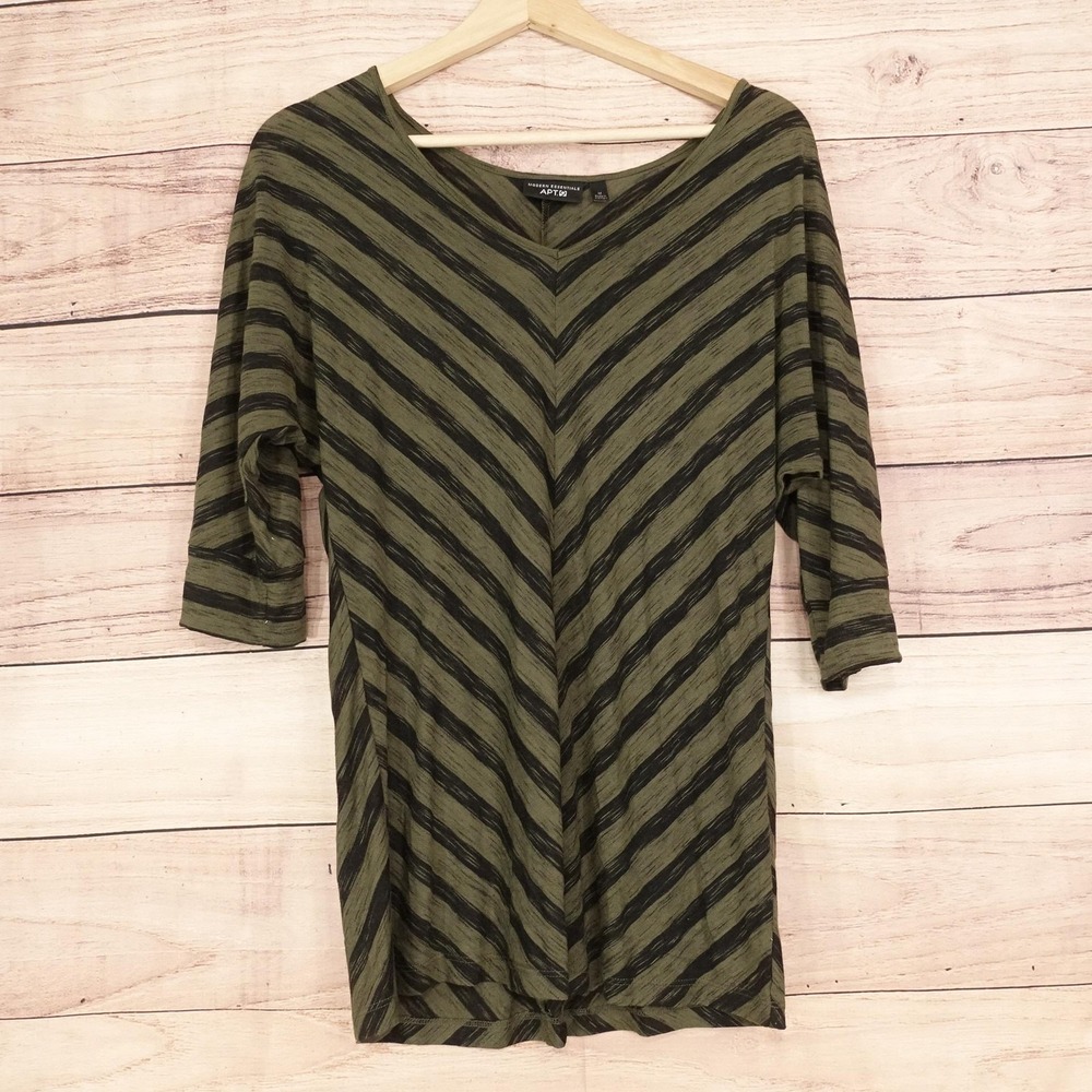 APT. 9 Blouse Womens M Green Boat Neck 3/4 Sleeve Striped Lightweight Tunic Top
